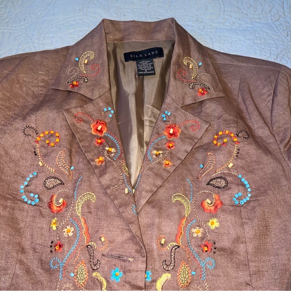 Silk Land Linen Beaded Embroidered Blazer Jacket size 6 Brown - Picture 2 of 11